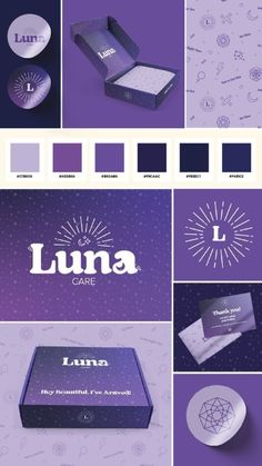 the packaging design for lunaa care is shown in purple and blue tones, with white lettering