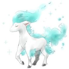 a drawing of a white unicorn with blue hair on it's head and tail