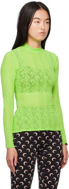 Semi-sheer stretch nylon mesh T-shirt. Jacquard logo pattern throughout. · Mock neck · Logo patch at cuff Supplier color: Bright green Green Mesh Crew Neck Top, Green Fitted Mesh Top With Crew Neck, Fitted Green Mesh Top, Spring Green Mesh Top With Crew Neck, Green Crew Neck Mesh Top For Spring, Green Stretch Sheer Mesh Top, Green Sheer Stretch Mesh Top, Green Sheer Mesh Top, Sheer Green Mesh Top