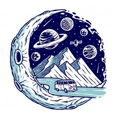 an image of the planet with mountains and planets in it, as well as a van