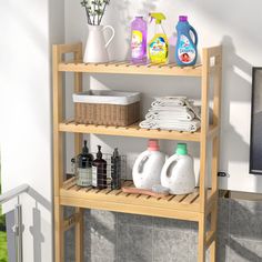 a shelf filled with cleaning products on top of a tiled floor next to a wall