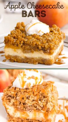 apple cheesecake bars on a plate with caramel drizzle and whipped cream