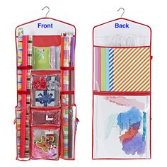 two hanging storage racks with different items in them