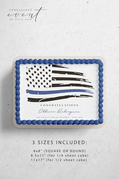 a blue and white cake with an american flag on it