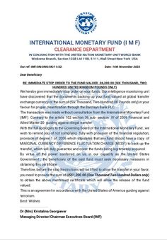 the international monetary fund letter is shown in blue and white, with black writing on it