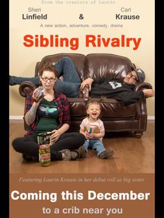 a family sitting on the floor in front of a couch with an ad for sibling rivalry