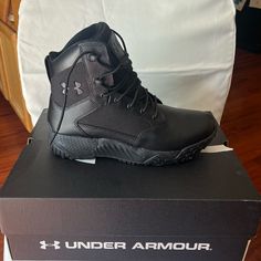 Never Worn, Brand New Condition Under Armour Black Boots With Round Toe, Black Ankle-high Sneakers With Protective Features, Black High Ankle Work Boots With Safety Features, Under Armour Slip-resistant Sneakers For Outdoor Activities, Black Synthetic Ankle Waterproof Boots, Under Armour Waterproof Boots With Round Toe, Under Armour Boots With Round Toe For Outdoor, Under Armour Outdoor Boots With Round Toe, Under Armour Waterproof Boots For Outdoor Activities