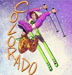 a cartoon skier is in mid air with the words colorado above her and below him