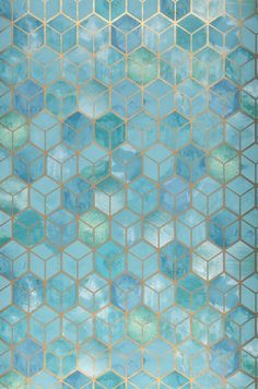 an abstract blue and gold background with hexagonal shapes in the center, on top of each other