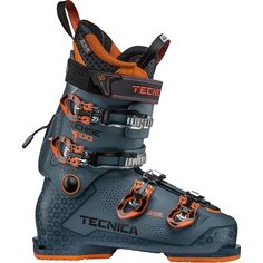 a pair of ski boots with orange and black accents