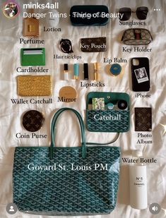 Different Astethics, Whats In My Uni Bag, Daily Bag Essentials, Goyard Aesthetic, Dreams Vision Board, Goyard Pouch, Work Bag Essentials, Goyard Card Holder, Everyday Bag Essentials