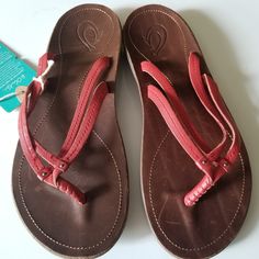 Olukai Ohia Red Dark Java Leather Upper Thong Sandals Soft Iceva For Maximum Cushioning And A Contoured Plate Leather Footbed Non Marking Rubber Outsole Never Been Worn, But Some Scratches On Sole. Please See In Pictures Comfortable Red Leather Sandals, Adjustable Synthetic Flip Flops For Outings, Leather Ankle Strap Flip Flops For Beach, Red Leather Flip Flops For Vacation, Cushioned Flip Flops For Outings, Cushioned Footbed Flip Flops, Casual Red Leather Sandals, Adjustable Red Sandals With Removable Insole, Red Adjustable Synthetic Sandals