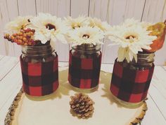 three mason jars filled with white flowers and pine cones