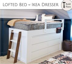 "In this user-friendly project plan, you can build a custom, lofted twin bed with lots of storage using the IKEA MALM 6-drawer dresser. Whether it's a kid's room or a dorm room, this bed is the perfect space-saving option (details are provided for how to make this build so that it can be disassembled and mobile for dorm rooms). Lofted beds similar to this cost $2,000-$3,000 at Pottery Barn... but if you're like me, you'd rather have the pride of doing it yourself and save up to $2,500. This buil Loft Bed With Drawers Underneath, Turning Trundle Bed Into Storage, Twin Bed With Storage Diy, How To Build A Loft Bed, Diy Loft Bed With Storage, Raised Platform Bed With Storage, Ikea Childrens Room, Full Size Bed Ideas, Dresser Under Bed