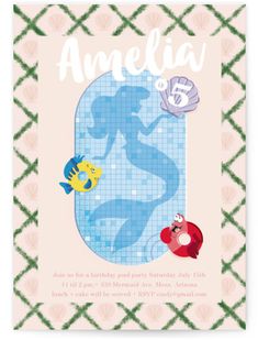 A sweet pool party invitation with an Ariel inspired pool centerpiece Disney Pool Party, Pool Party Invitations, Pool Birthday Party, Childrens Birthday Party, Birthday Invitations Kids, Pool Party, Birthday Party Invitations, Ariel, Kids Birthday