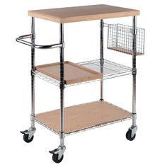 a kitchen cart with two baskets on the top and one shelf attached to the bottom