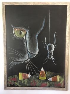 a drawing of a cat and a spider on a black background