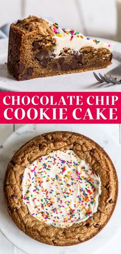 chocolate chip cookie cake with white frosting and sprinkles on the top