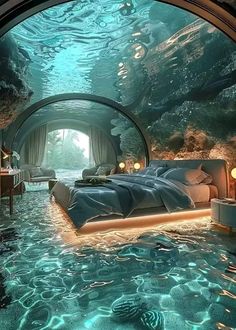 an underwater bedroom with a bed in the middle