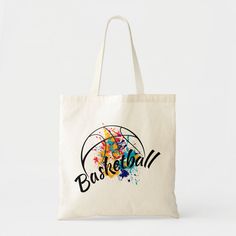 Watercolor Basketball Tote Bag White Tote Bag For Personal Use, Eco-friendly White Shoulder Bag, White Canvas Gift Bag For Personal Use, White Canvas Tote Bag For Personal Use, White Casual Bags For Personal Use, Casual White Bags For Personal Use, Personalized Multicolor Bags For Everyday, Multicolor Personalized Bags For Everyday Use, Everyday Personalized Multicolor Bags