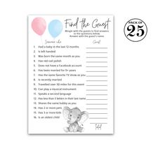 a printable baby shower game with an elephant and balloons on the back, in white