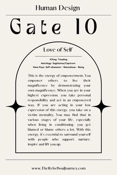 Human Design - Gate 10| Self-Love is all about empowerment from within! Dive deeper into your Gate energy through my course Navi(gate)tion.👽🔭 💫 #humandesign #astrology #selfdiscovery #coaching #humandesigngates #humandesigngate2 #humandesigncoach #humandesigncourse #humandesignreading #humandesignchart #therebelsouljourney Gate 6 Human Design, Human Design Gates And Channels, 6/2 Human Design, Gates Human Design, Human Design Gates, Medium Psychic, Human Design Generator, My Human Design, Manifesting Generator