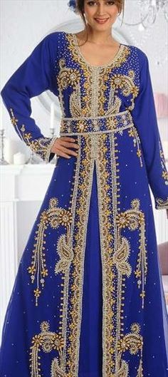 Blue color Kaftan in Georgette fabric with Embroidered, Thread work Blue Dresses With Intricate Embroidery In Traditional Drape, Blue Dress With Intricate Embroidery And Traditional Drape, Blue Handwork Sets For Festive Occasions, Festive Blue Handwork Sets, Blue Traditional Drape Kaftan For Wedding, Blue Embroidered Fitted Kaftan, Blue Embroidered Dresses For Festivals, Elegant Blue Kaftan For Festive Occasions, Fitted Blue Embroidered Kaftan