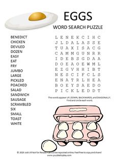 an egg is shown with words and pictures to help kids learn how to read the word search