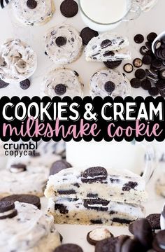 cookies and cream cheesecake cookie sandwiches are stacked on top of each other next to a glass of milk