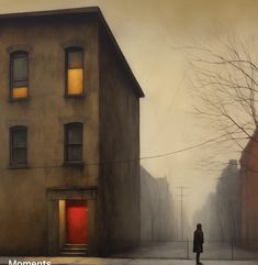 a painting of a person standing in front of a building on a foggy day