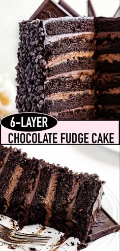 Two photos of a 6-layer chocolate cake. First is the whole cake cut open and second is a close up of a half eaten cake slice on a plate. Best Chocolate Lava Cake Recipe, Fudge Cake Filling, Chocolate Molten Lava Cake, Chocolate Fudge Cake Recipe, Cake Recipes Chocolate, Fudge Cake Recipe, Molten Lava Cake, Lava Cake Recipe, Chocolate Lava Cake Recipe