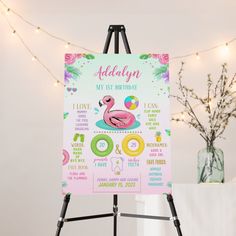 a pink flamingo birthday party sign on an easel