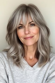 Best Haircuts For Gray Hair, Hairstyles For Salt And Pepper Hair, Bangs Middle Age Women, Gray Hair With Curtain Bangs, Bangs On Older Women, Silver And Brown Hair, 70 Hair Styles, Soft Hairstyles, Gray Hair With Bangs