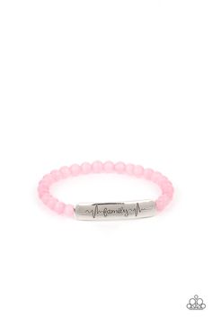 Stamped in heartbeats and the word, "Family," a shiny silver plate attaches to a strand of pink cat's eye stone beads that are threaded along a stretchy band, creating a whimsically sentimental centerpiece around the wrist.

Sold as one individual bracelet. Family Is Forever, Family Bracelets, Pink Moonstone, Families Are Forever, Word Family, Cats Eye Stone, Inspirational Bracelets, Pink Box, Jewelry Images