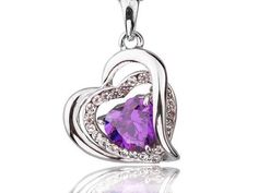 White Gold heart shaped necklace with clear Austrian Crystals and a purple heart cut Cubic Zircon. Our luxury LED case has a pu leather exterior and a soft velvet interior and is included to ensure you can see the true beauty of the piece inside the case and out. Couples Necklace, Heart Aesthetic, Aesthetic Necklace, Velvet Interior, Heart Shaped Necklace, Velvet Interiors, Couple Necklaces, Purple Heart, Austrian Crystal