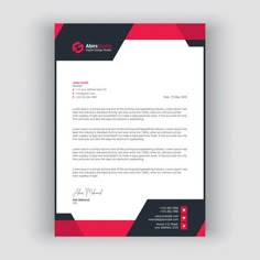 a letterhead with red and black accents on the front, and bottom part of it