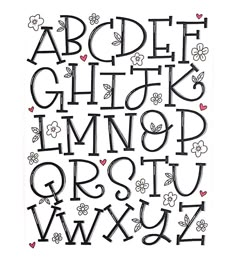 an alphabet with flowers and hearts on the upper letter is drawn in black ink by hand