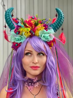 Crown With Horns, Crown With Flowers, Horns Headpiece, Carnaval Outfit, Rainbow Fairy, Festival Headpiece, Headband Crown, Headpiece Diy