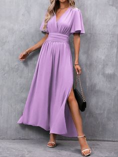 Women Solid Color Overlap V-Neck Ruffle Hem Side Slit Elegant Long Dress Mauve Purple Elegant  Short Sleeve Woven Fabric Plain A Line Non-Stretch  Women Clothing, size features are:Bust: ,Length: ,Sleeve Length: Spring Wedding Guest Outfit Classy, Dress Outfits Simple, Casual Classy Dress, Classy Dress Outfits Simple, Business Casual Classy, Split Thigh Dress, Preppy Prom, Business Formal Dress, Formal Dresses Gowns