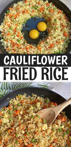 fried rice in a skillet with two eggs on top and the words keto cauliflower fried rice