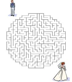 a bride and groom are looking at a maze in the shape of a wedding dress