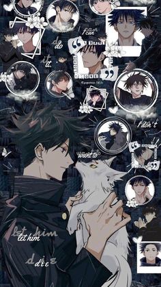 an anime character with black hair holding a white dog