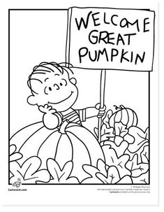 a black and white drawing of a boy holding a sign that says pumpkin on it