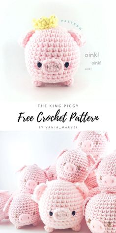 the crochet pig is sitting next to another stuffed animal with a crown on it's head