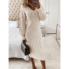 Find ideas๏ฟฝand inspiration for Women Fashion High Waist V-Neck Knitted Midi Dress Casual Plain Wrap Dress, Fashion Women's Dresses Eyelet Sweater, Kawaii Outfits, Hair Upstyles, Pencil Skirt Dress, Womens Fall Dress, Long Sleeve Knit Dress, Stil Inspiration, Long Sleeve Sweater Dress, Sweater Dress Midi