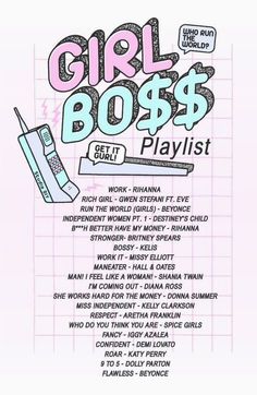 the girl boss's playlist is shown in pink and blue, with words above it