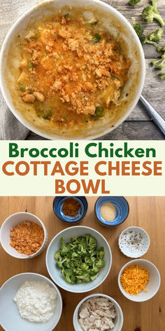 Images of broccoli chicken bowl with crushed park rinds on top and ingredients in bowls Weight Watchers Cottage Cheese Bowls, Cottage Cheese Parmesan Chicken Bowls, High Protein Lunch Bowls, Weight Watchers High Protein Meals, Chicken Cottage Cheese Bowl