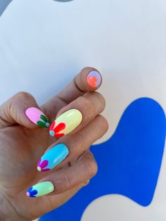 Purple And Orange Nails Summer, Nail Shoot Ideas, Funky Colorful Nails, Color Block Nails Designs, Nails 2 Colors, Summer Nail 2024 Trends Almond, Two Different Colored Nails On Each Hand, Half And Half Nails, Bright Fun Nails