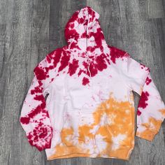 Without Tags Men’s Custom Tie Dye H&M Hoodie Orange/Pink/Red 60% Cotton 40% Polyester Size Large Washed 1 Time After Dyed H&m Hoodie, Custom Ties, Tie Dye T Shirts, Side Hustle, Orange Pink, Orange Red, Pink Red, Pink And Orange, Tie Dye