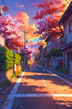 an empty street lined with houses and trees in the background, under a colorful sky